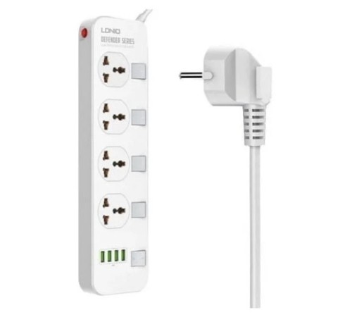 Perfeo LD_B4610  LDNIO SC4408/ Сетевой фильтр 2м/ 4  розетки EU_UK_US/ 2500W/ 4 USB/  Выключатели на розетки/ White