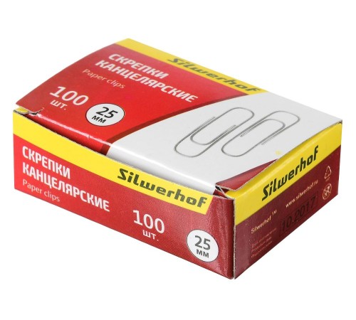 Скрепки Silwerhof 491028 металл оцинкованные 25мм (упак.:100шт) картонная коробка