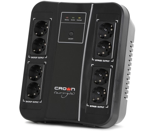 ИБП CROWN 650VA/390W, корпус пластик, 1x12V/7AH, розетки 8*EURO, трансформатор AVR 220/230/240В ± 25%, съёмный кабель питания 1.8 м, порт RJ-11/45, порт USB управление с ПК, LED-индикация, защита: от перегрузки, от КЗ, от перепадов напряжения, ПО UPS CROW