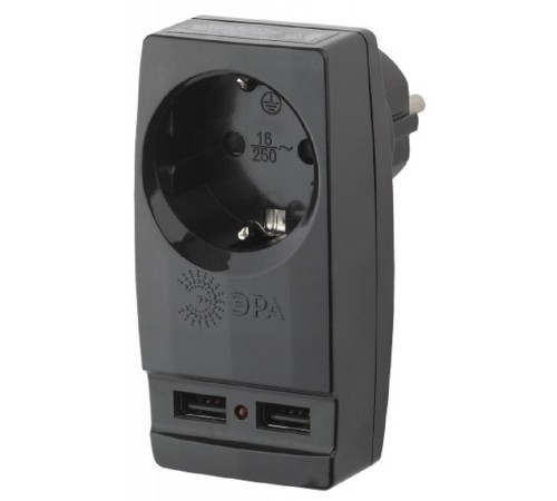 ЭРА Б0026333 Адаптер "Polynom" SP-1e-USB-B 1гн 220V + 2xUSB 2100mA, c заземл, (черный)