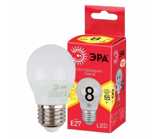 ЭРА Б0053028 Лампочка светодиодная RED LINE LED P45-8W-827-E27 R Е27 / E27 8 Вт шар теплый белый свет ЭРА Б0053028 Лампочка светодиодная RED LINE LED P45-8W-827-E27 R Е27 / E27 8 Вт шар теплый белый свет