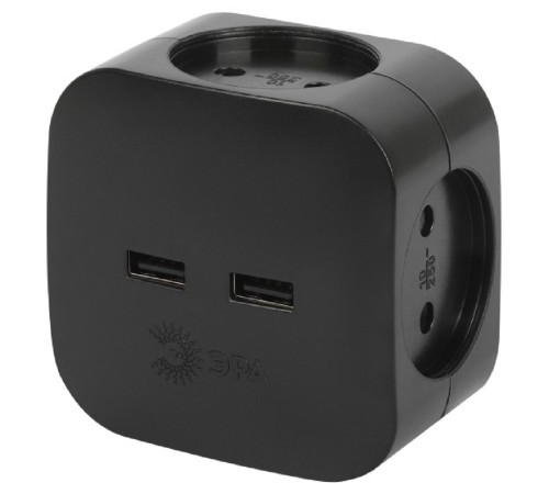 ЭРА Б0049536 Разветвитель электрический SP-4-USB-B на 4 розетки 220V + 2xUSB 2400mA, без заземл 10А (черный)