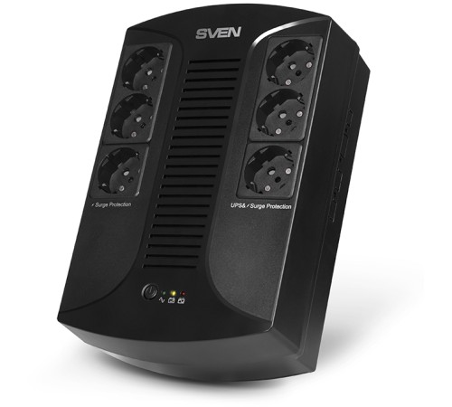 ИБП SVEN UP-L1000E, линейно-интерактивный, AVR, 1000ВА, 510Вт, 6 евро розеток 6*CEE7/4 (3х UPS/сетевой фильтр+3 x сетевой фильтр) , LED-индикация, черный, габариты 185 × 280 × 95мм, 5.9кг SVEN UP-L1000E (SV-016593)