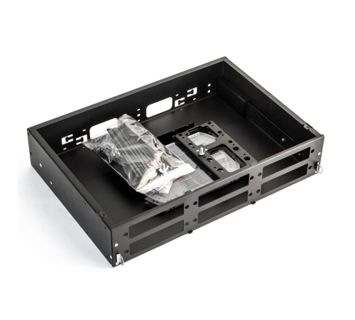Hyperline FO-19V-2U-6xSLT-W130H30-48UN-BK Бокс оптический универсальный 19" выдвижной, с полкой, от 8 до 48 портов (SC, duplex LC, ST, FC), со сплайс пластиной, без пигтейлов и проходных адаптеров, 2U, черный Hyperline FO-19V-2U-6xSLT-W130H30-48UN-BK