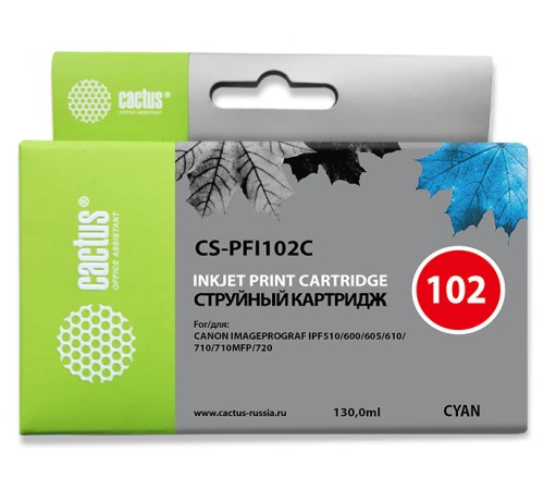 Картридж струйный Cactus CS-PFI102C синий (130мл) для Canon IP iPF500/iPF600/iPF700/ MFP M40/iPF765/LP17/LP24