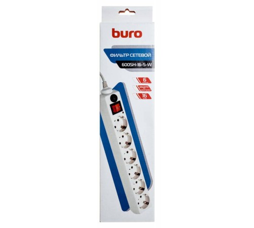 Сетевой фильтр Buro 600SH-16-5-W 5м (6 розеток) белый (коробка) Сетевой фильтр Buro 600SH-16-5-W 5м (6 розеток) белый (коробка)