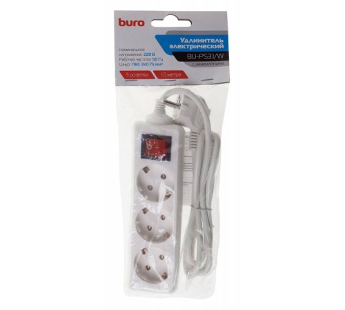 Сетевой удлинитель Buro BU-PS3.1/W 1.5м (3 розетки) белый (пакет ПЭ)