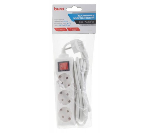 Сетевой удлинитель Buro BU-PS3.3/W 3м (3 розетки) белый (пакет ПЭ)