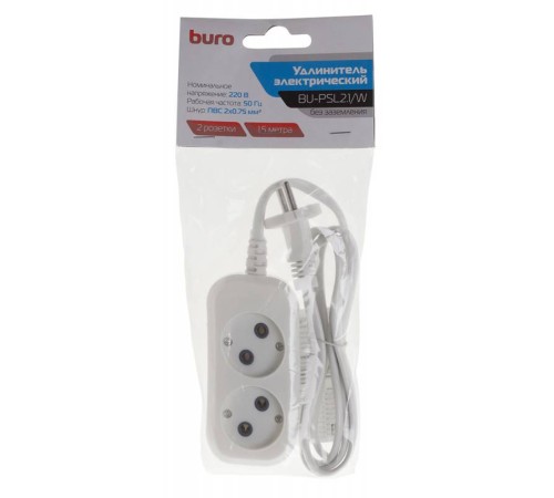 Сетевой удлинитель Buro BU-PSL2.1/W 1.5м (2 розетки) белый (пакет ПЭ) Сетевой удлинитель Buro BU-PSL2.1/W 1.5м (2 розетки) белый (пакет ПЭ)
