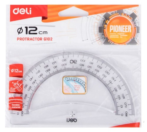 Транспортир Deli Pioneer EG10212 пластик дл.12см прозрачный градуировка УФ чернила европодвес