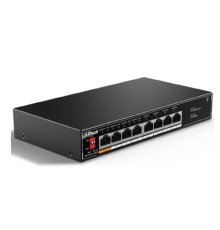 DAHUA DH-SF1008LP 8-портовый неуправляемый коммутатор с РоЕ, 8xRJ45 100Mb, суммарно до 60Вт, коммутационная ёмкость 1.8 Гбит/с, передача пакетов 1.19 Мпак/с, таблица МАС-адресов 2K, металл