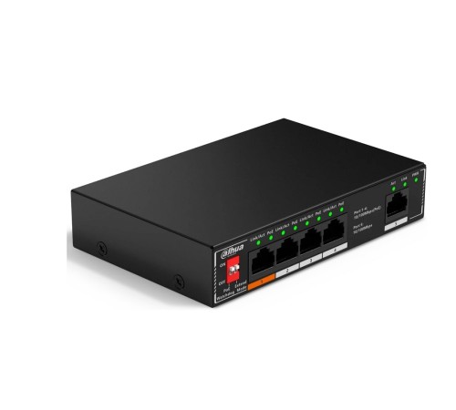 DAHUA DH-SF1005P 5-портовый неуправляемый коммутатор с РоЕ, 5xRJ45 100Mb, суммарно до 60Вт, коммутационная ёмкость 744 Кбит/с, передача пакетов 1 Мпак/с, таблица МАС-адресов 2K, металл