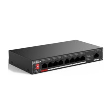 DAHUA DH-SF1009P 9-портовый неуправляемый коммутатор с РоЕ, 9xRJ45 100Mb, суммарно до 96Вт, коммутационная ёмкость 1.8 Гбит/с, передача пакетов 1.34 Мпак/с, таблица МАС-адресов 2K, металл