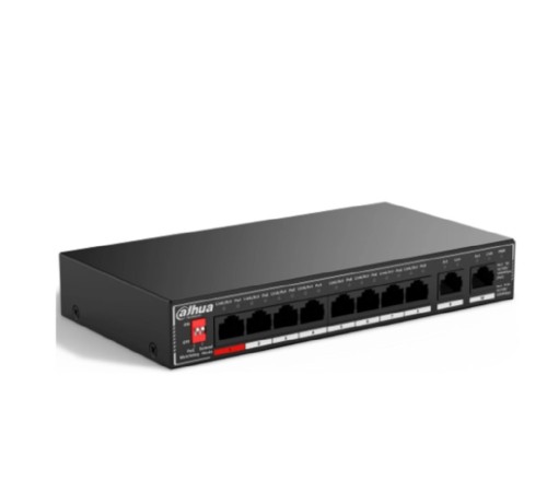 DAHUA DH-SG1010P 10-портовый гигабитный неуправляемый коммутатор c PoE, 10xRJ45 1Gb, суммарно до 96Вт, коммутационная ёмкость 20 Гбит/с, передача пакетов 14.88 Мпак/с, таблица МАС-адресов 4K