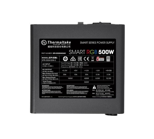 Блок питания Thermaltake ATX 500W Smart RGB 500 80+ (24+4+4pin) APFC 120mm fan color LED 5xSATA RTL