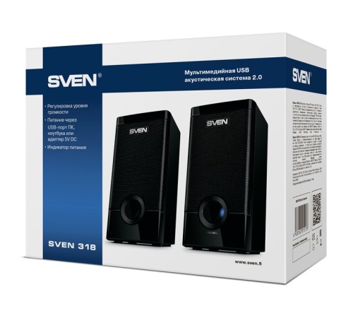 Колонки пластиковые SVEN 318, чёрный, акустическая система 2.0 (USB, мощность 2x2.5 Вт(RMS)), черный SVEN 318 (SV-015176)
