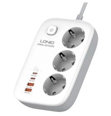 LDNIO SE3436/ Сетевой удлинитель 2м/ 3 розетки/ 3250W/ 4 USB: QC 4.0+PD 3.0+PPS/ GAN 65W/ White