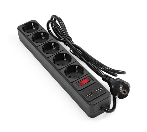 Exegate EX295490RUS Сетевой фильтр-удлинитель с USB зарядкой ExeGate SP-5-USB-1.8B (5 евророзеток с заземлением, 2 USB-A 2A, 1.8м, защита от перегрузки, выключатель с подсветкой, черный)