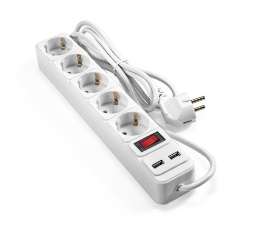Exegate EX295491RUS Сетевой фильтр-удлинитель с USB зарядкой ExeGate SP-5-USB-1.8W (5 евророзеток с заземлением, 2 USB-A 2A, 1.8м, защита от перегрузки, выключатель с подсветкой, белый)