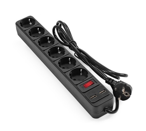 Exegate EX295492RUS Сетевой фильтр-удлинитель с USB зарядкой ExeGate SP-6-USB-1.8B (6 евророзеток с заземлением, 2 USB-A 2A, 1.8м, защита от перегрузки, выключатель с подсветкой, черный)