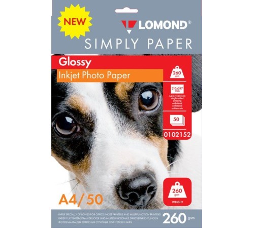 Фотобумага Lomond Simply 0102152 A4/260г/м2/50л./белый CIE148% глянцевое для струйной печати Фотобумага Lomond Simply 0102152 A4/260г/м2/50л./белый CIE148% глянцевое для струйной печати