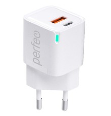 PERFEO Сетевое зарядное устройство с двумя разъемами USB-A+TYPE-C, GaN, 20W, белый (I4652)