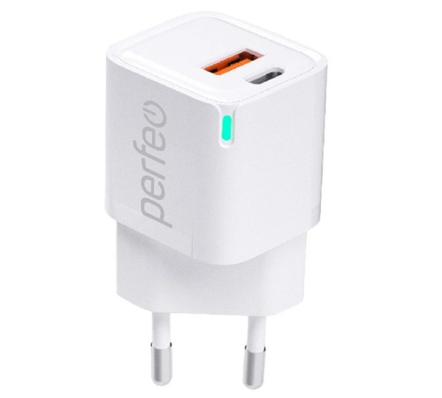 PERFEO Сетевое зарядное устройство с двумя разъемами USB-A+TYPE-C, GaN, 20W, белый (I4652)