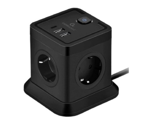 Cablexpert Сетевой фильтр Tower TWR-4-CU2-B-2 (4р, 10А, 1xType-C PD, 20Вт, 2 х USB, 2м, ур.защиты 2+) черный, коробка