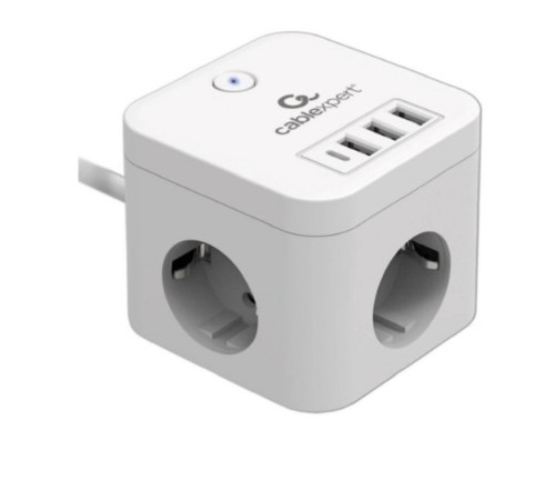 Cablexpert Сетевой фильтр Cube CUBE-3-CU3-W-1.5 (3р, 10А, 1xType-C PD, 3xUSB, 1.5м, ур.защиты 4+) белый, коробка