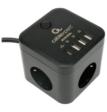 Cablexpert Сетевой фильтр Cube CUBE-3-CU3-B-1.5 (3р, 10А, 1xType-C PD, 3xUSB, 1.5м, ур.защиты 4+) черный, коробка