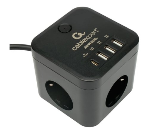 Cablexpert Сетевой фильтр Cube CUBE-3-CU3-B-1.5 (3р, 10А, 1xType-C PD, 3xUSB, 1.5м, ур.защиты 4+) черный, коробка