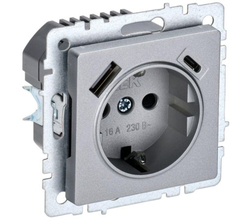 Розетка BRITE РЮш11-1-БрА 16А с USB A+C 18Вт с заземл. защ. шторки алюм. IEK BR-R14-16-U22-018-K47