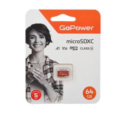 Карта памяти microSD GoPower 64GB Class10 UHS-I (U3) 100 МБ/сек V30 без адаптера GoPower 00-00025681 Карта памяти microSD GoPower 64GB Class10 UHS-I (U3) 100 МБ/сек V30 без адаптера GoPower 00-00025681