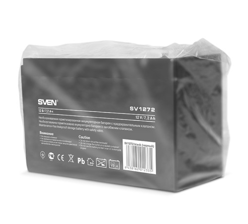 Батарея SVEN SV 1272 (12V 7.2Ah), напряжение 12В, емкость 7.2А*ч, макс. ток разряда 105А, макс. ток заряда 2.1А, свинцово-кислотная типа AGM, тип клемм F2, Sven SV1272 (SV-012335)