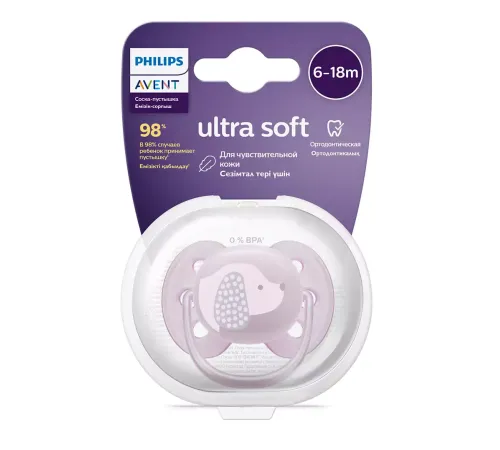 Пустышка ultra soft, собачка, 6-18 мес., 1 шт. Philips Пустышка ultra soft, собачка, 6-18 мес., 1 шт. (SCF092/05)