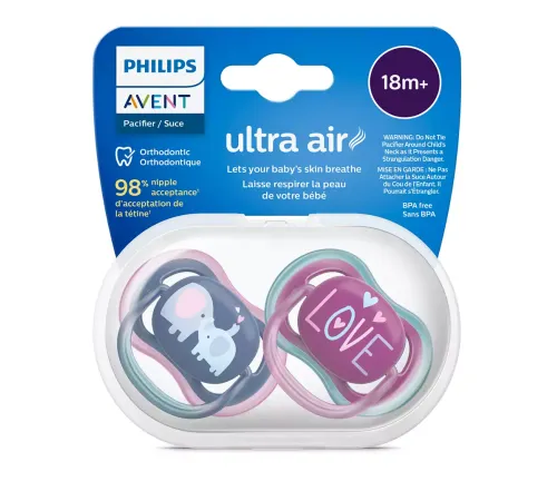 Пустышка ultra air, слоники/LOVE, 18+ мес., 2 шт. Philips SCF349/22