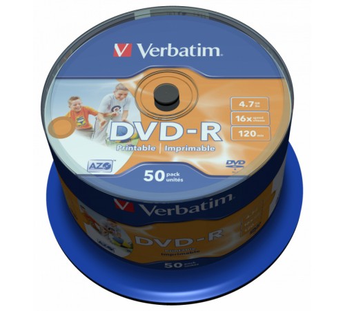 Диск DVD-R Verbatim 4.7Gb 16x Cake Box (50шт) Printable (43533) Диск DVD-R Verbatim 4.7Gb 16x Cake Box (50шт) Printable (43533)