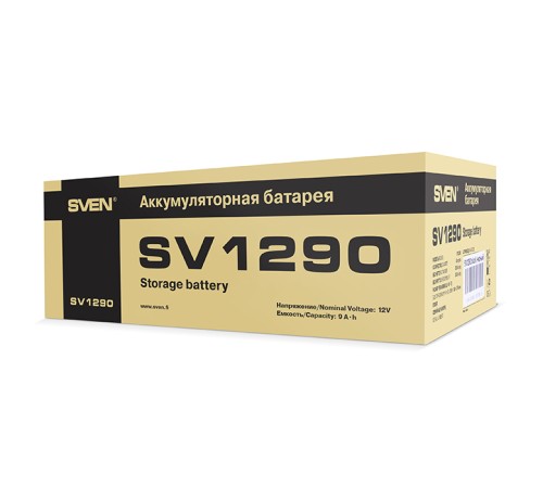 Батарея SVEN SV 1290 (12V 9Ah), напряжение 12В, емкость 9А*ч, макс. ток разряда 128А, макс. ток заряда 2.7А, свинцово-кислотная типа AGM, тип клемм F2, Д/Ш/В 151/65/94, 2.65кг Sven SV1290 (SV-0222009)