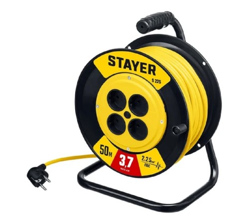 Удлинитель силовой Stayer 55070-50 2x2.5кв.мм 4розет. 50м ПВС 10A катушка желтый