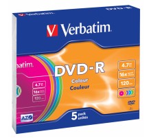 Диск DVD-R Verbatim 4.7Gb 16x Slim case (5шт) Color (43557)