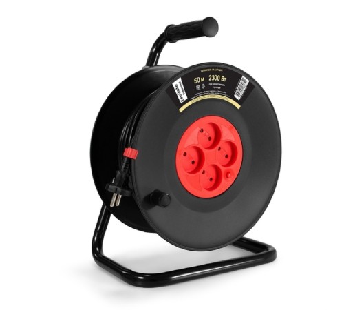 Exegate EX295745RUS Удлинитель на катушке ExeGate industrial ECS-10-2-50 (4 евророзетки, IP20, 50м, защита от детей, защита от перегрузки, 2х1,0мм2, 10А/2.3кВт)