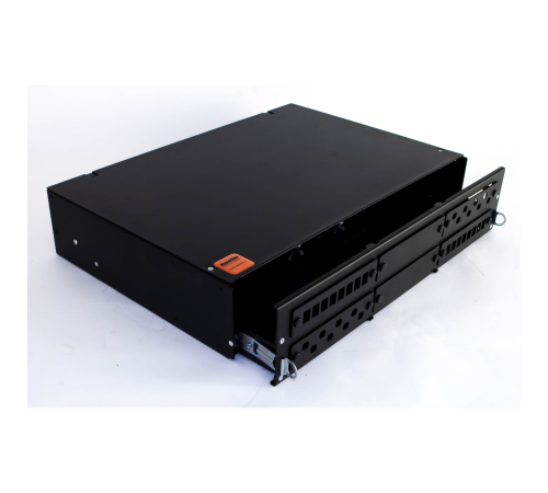 Hyperline FO-19V-2U-6xSLT-W130H30-48UN-BK Бокс оптический универсальный 19" выдвижной, с полкой, от 8 до 48 портов (SC, duplex LC, ST, FC), со сплайс пластиной, без пигтейлов и проходных адаптеров, 2U, черный Hyperline FO-19V-2U-6xSLT-W130H30-48UN-BK