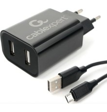 Cablexpert Зарядное устройство 12Вт, 2.4А, 2xUSB, кабель Micro USB 1м, черный, коробка-блистер (MP3A-PC-35	)