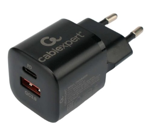Cablexpert Зарядное устройство 20Вт, 3А, QC3.0/PD, 1xUSB, 1xType-C, черный, пакет (MP3A-PC-47) Cablexpert Зарядное устройство 20Вт, 3А, QC3.0/PD, 1xUSB, 1xType-C, черный, пакет (MP3A-PC-47)
