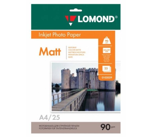 Фотобумага Lomond 0102029 A4/90г/м2/25л./белый матовое для струйной печати Фотобумага Lomond 0102029 A4/90г/м2/25л./белый матовое для струйной печати