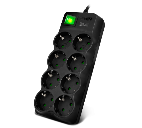 SVEN Фильтр SF-08E-16 3,0 м (8 розеток с защитными шторками,16А) черный, цветная коробка [SV-021610]