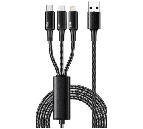 Rexant (18-7075) Кабель USB 3в1 Type-С (6A), Lightning (2,4A), micro USB (3A) 1,2м, в черной оплетке Rexant (18-7075) Кабель USB 3в1 Type-С (6A), Lightning (2,4A), micro USB (3A) 1,2м, в черной оплетке