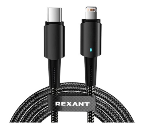 Rexant (18-7069) Кабель Type-C – Lightning для Apple, 3А, 1м, в черной нейлоновой оплетке, со световой индикацией Rexant (18-7069) Кабель Type-C – Lightning для Apple, 3А, 1м, в черной нейлоновой оплетке, со световой индикацией