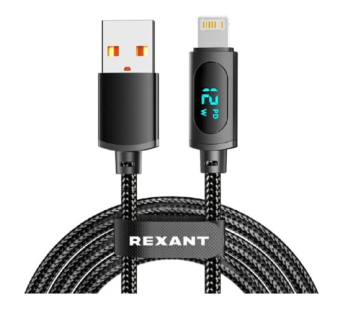 Rexant (18-7062) Кабель USB-A – Lightning для Apple, 2,4А, 1м, в черной нейлоновой оплетке, c LED дисплеем Rexant (18-7062) Кабель USB-A – Lightning для Apple, 2,4А, 1м, в черной нейлоновой оплетке, c LED дисплеем