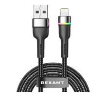 Rexant (18-7059) Кабель USB-A – Lightning для Apple, 2,4А, 1м, в черной нейлоновой оплетке, с LED подсветкой